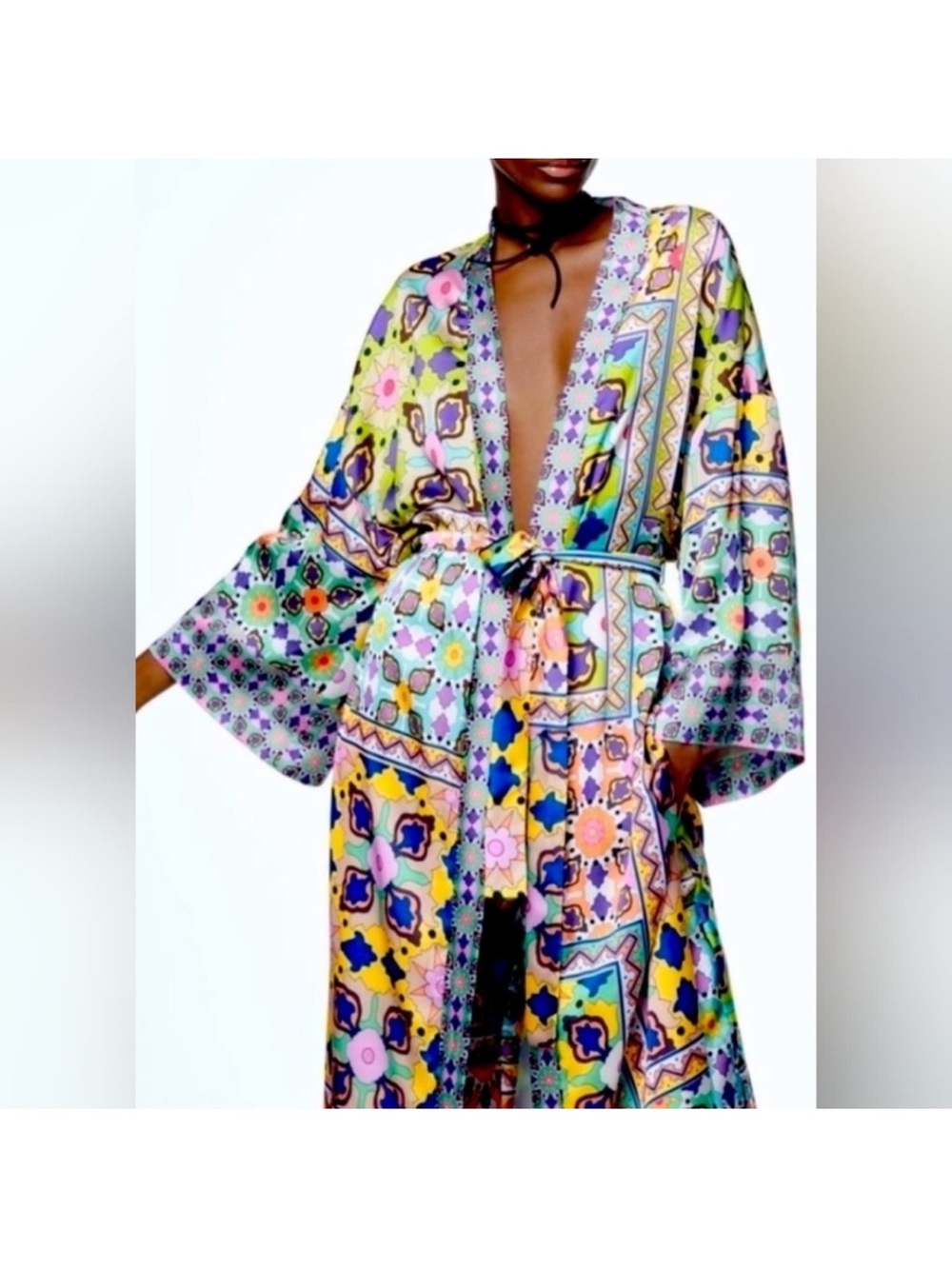 NEW Zara Multicolor Floral Mosaic Satin Robe Kimono, M